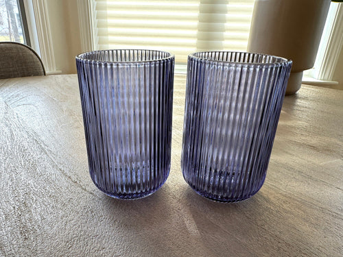 Tall blue ridged cooler glass side view