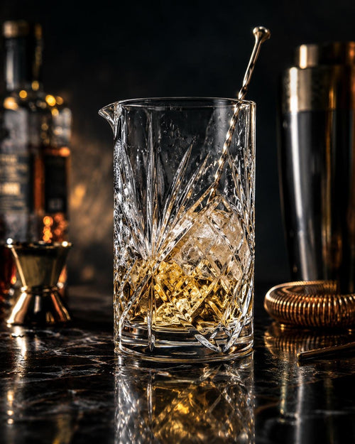 Clear botanical-pattern cocktail mixing glass with pour spout