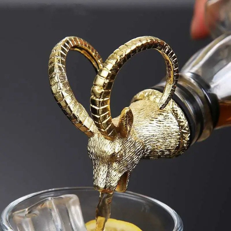 Gold Goat & Antelope Head Liquor and Wine Bottle Pourer — photo 1