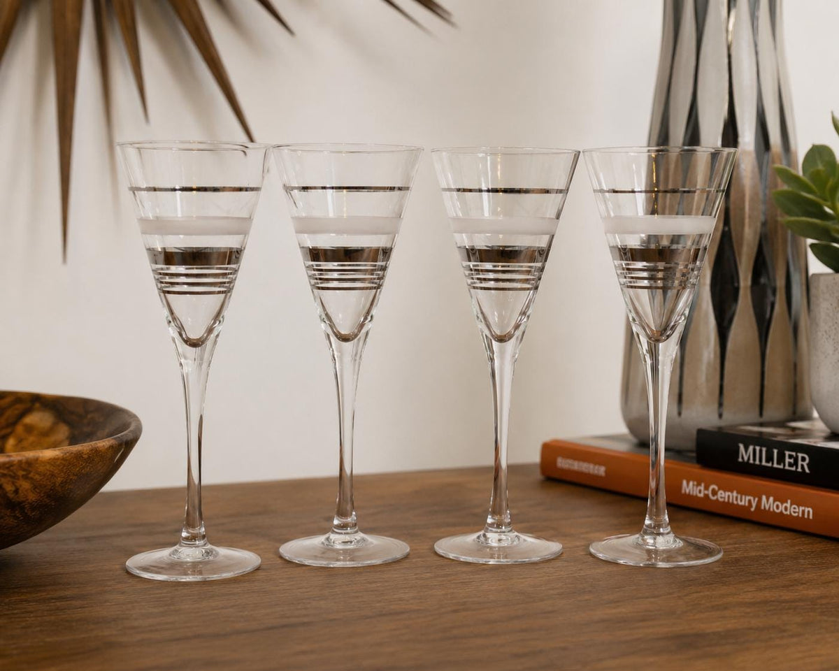 Vintage Silver & Frosted Pinstripe Wine and Champagne Glasses, Set of 4 — photo 1