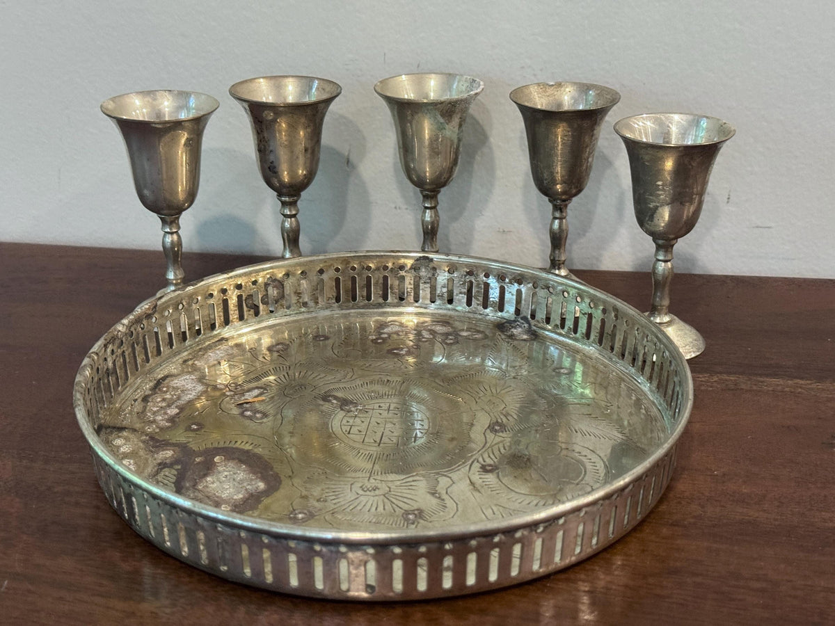 Vintage Silverplate Serving Tray with 5 Mini Goblets — photo 2