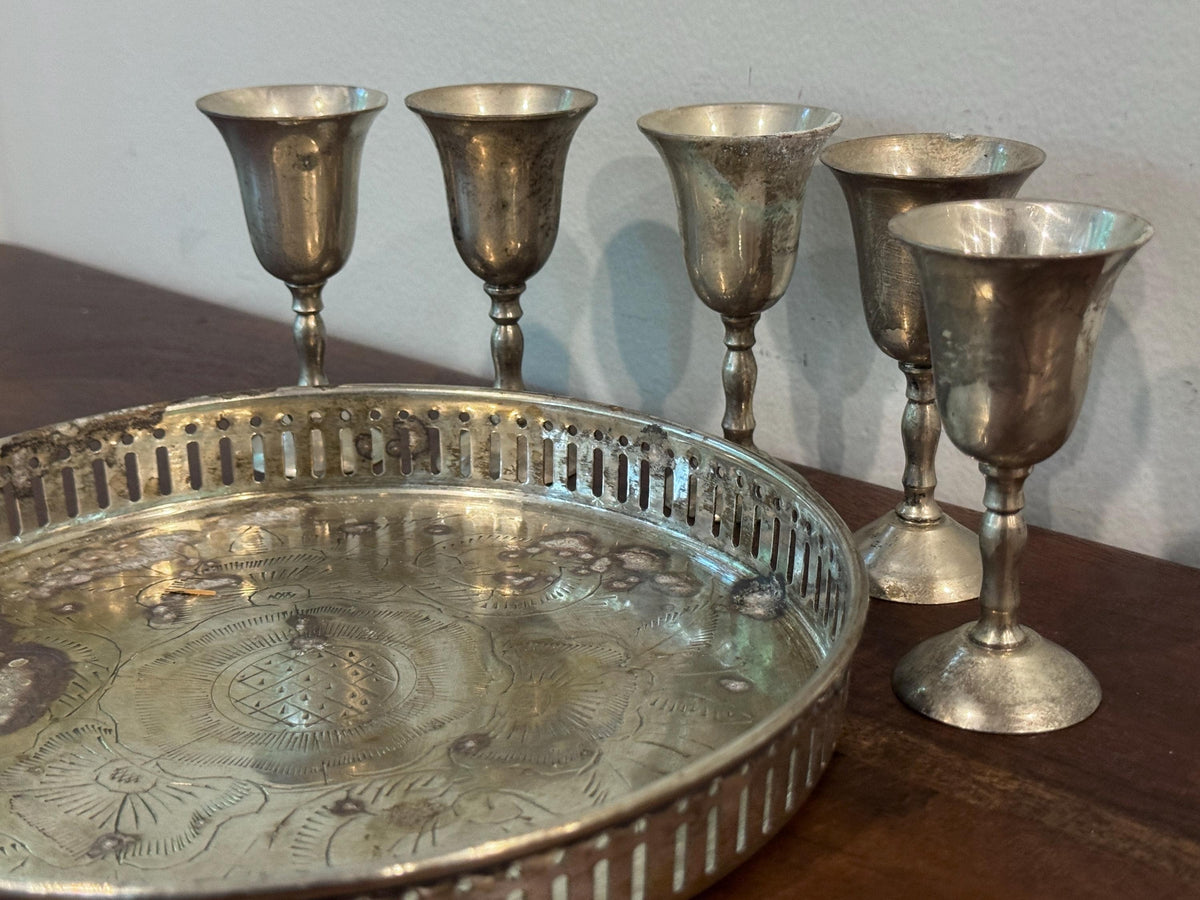Vintage Silverplate Serving Tray with 5 Mini Goblets — photo 3