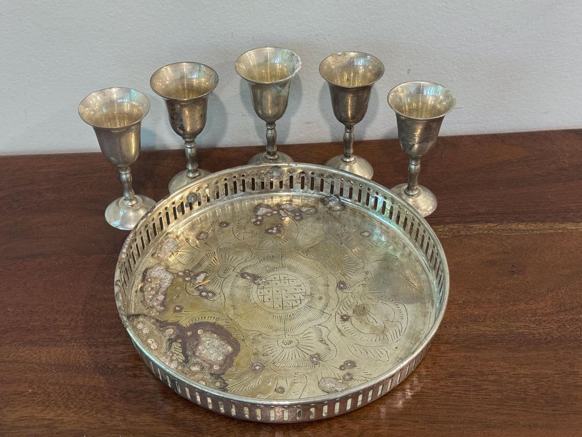 Vintage Silverplate Serving Tray with 5 Mini Goblets — photo 5
