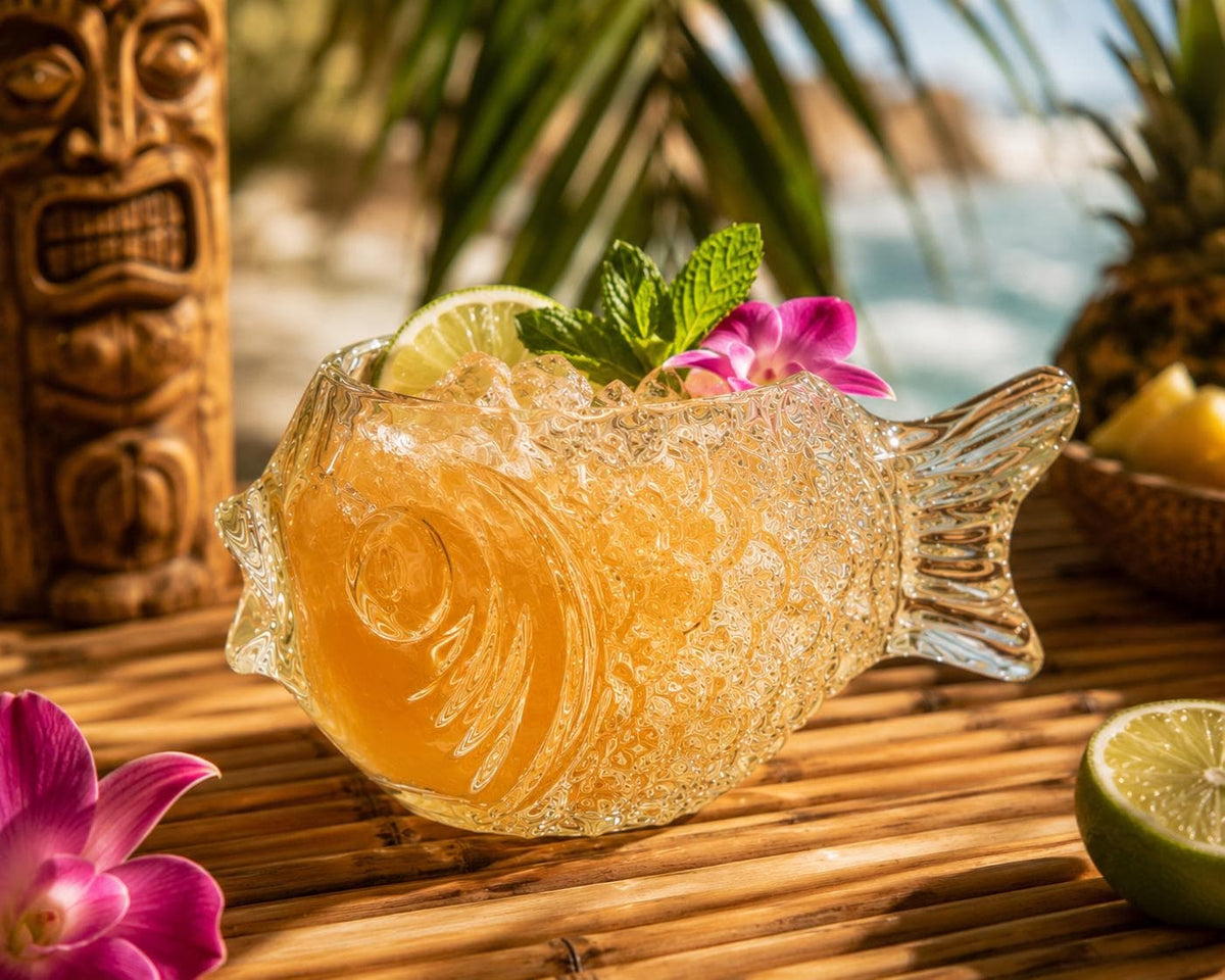 Detailed fish tiki glass side view