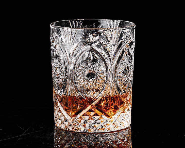 Close view of floral-pattern rocks glasses