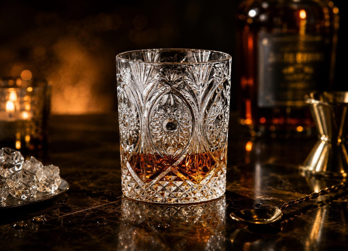 Floral-pattern double old fashioned glass detail