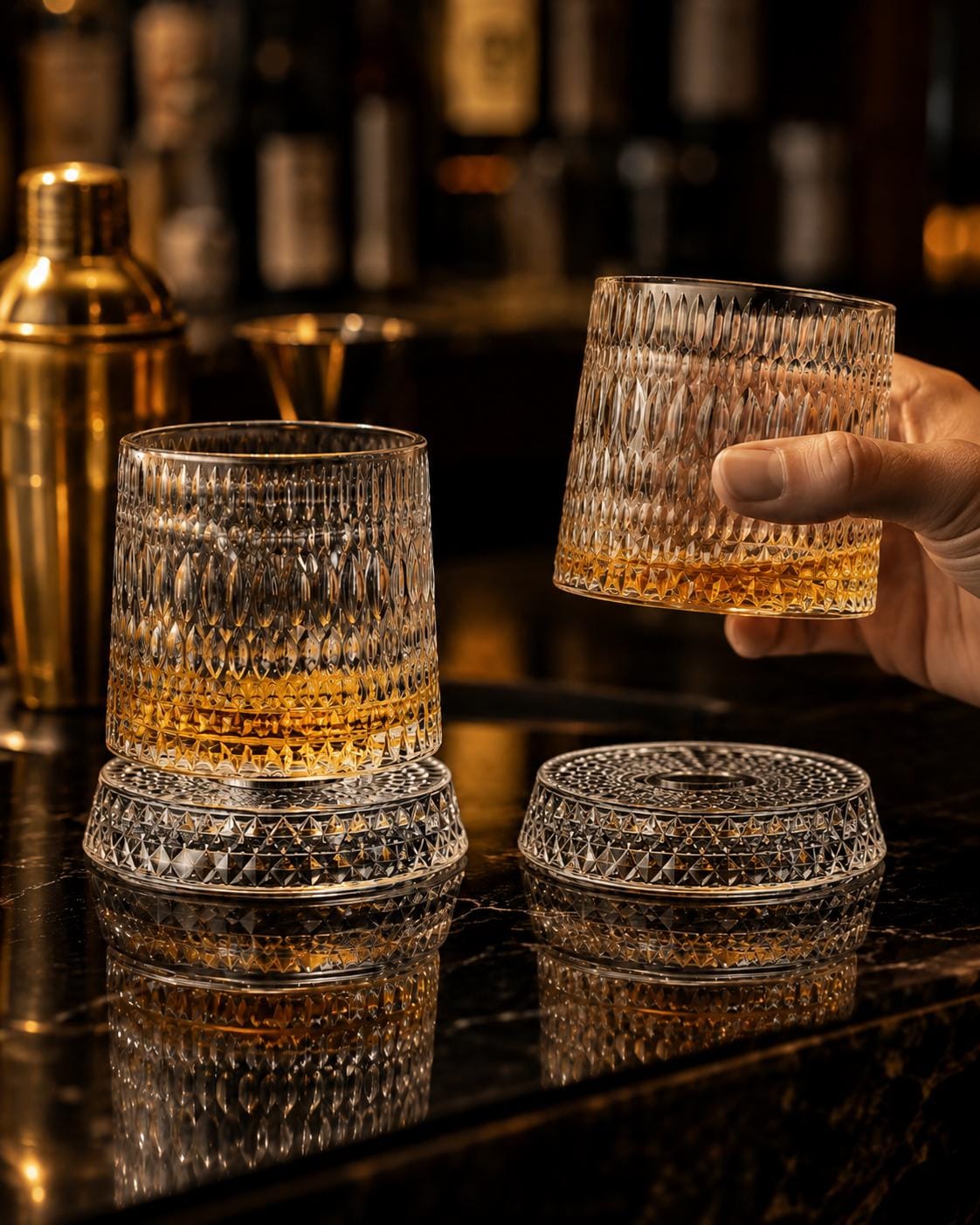 Spinning whiskey glasses with rotating bases, photo 1