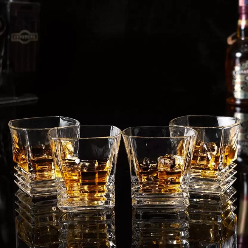 Stacked ribbed rocks glasses side view